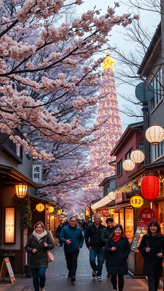 Japanese Christmas Aesthetic A beautifully decorated Japanese street with Christmas lights and a tree, showcasing the festive spirit.
